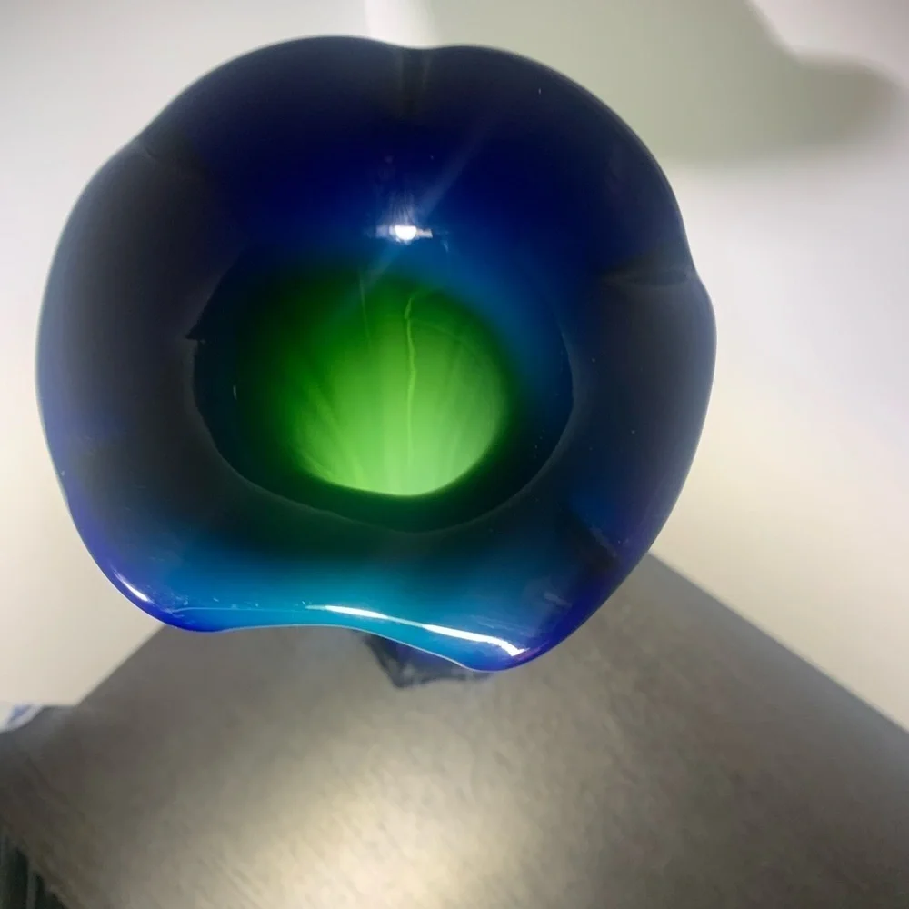 Hand Blown Murano Styled Art Glass Trumpet Tulip Vase Lime Green Blue